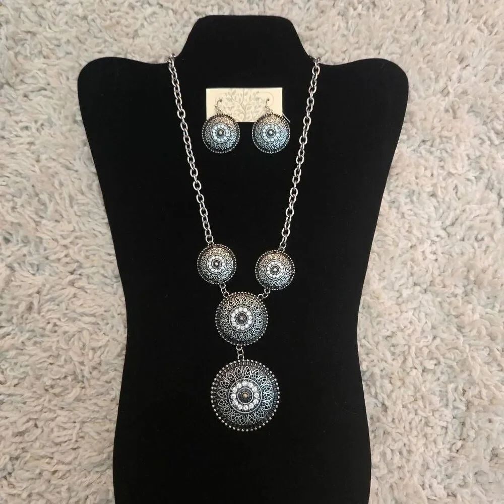 Silver Medallion Necklace with Rhinestones & Matching Earrings Set